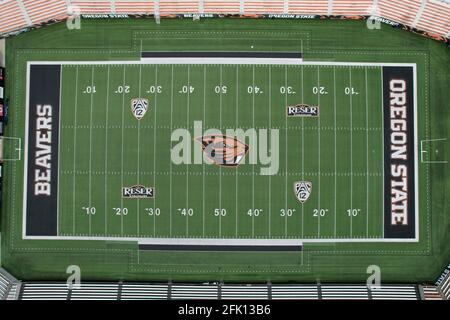 An aerial view of the Oregon State Beavers and Pac-12 Conference logos on the Reser Stadium football field on the campus of Oregon State, Friday, Apri Stock Photo