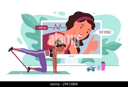 Fitness trainer online, sports workout vector illustration. Cartoon active young sportive woman character in sportswear training with sport equipment Stock Vector