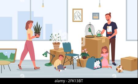 Happy family relocate, moving to new house or home apartment vector illustration. Cartoon father, mother and son daughter children characters Stock Vector