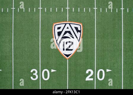 An aerial view of the Pac-12 Conference logo on the Reser Stadium football field on the campus of Oregon State, Friday, April 23, 2021, in Corvalis, O Stock Photo