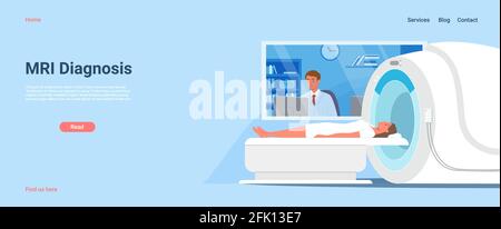 Mri diagnostic in hospital, doctor man looking at diagnosis result of woman patient scan Stock Vector