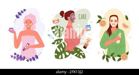 Beauty skincare with natural eco cosmetics set, young happy woman cares for facial skin Stock Vector