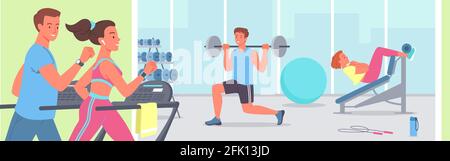 People doing sports workout in gym vector illustration. Cartoon active young sportive woman man characters run on treadmill machine, bodybuilder Stock Vector