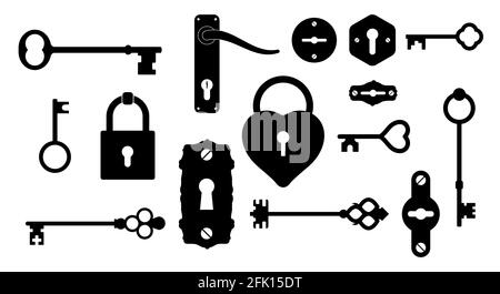 Old vintage keys and locks. Flat style vector illustration isolated on white background. Stock Vector