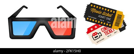 3d cinema glasses and two movie tickets of different designs. Blue and red 3d glasses. 3D realistic vector illustration isolated on white background. Stock Vector