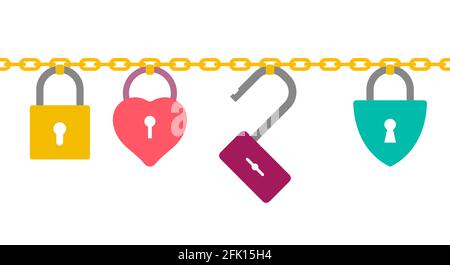 Cartoon padlocks of different shapes hanging on gold chain. Flat style vector illustration isolated on white background. Stock Vector