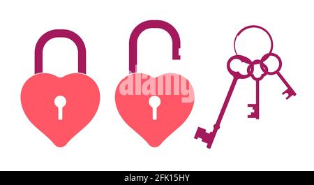 Open and closed heart-shaped lock. Bunch of vintage keys. Flat style vector illustration isolated on white background. Stock Vector