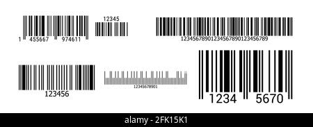 Realistic black barcode icons. Bar code sign set. Product labels for scanning. Vertical straight lines and numbers. Flat style vector illustration iso Stock Vector