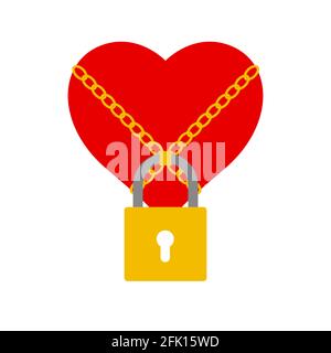 Locked heart in chains. Loyalty, fidelity, a womans secret. Chastity belt. Flat style vector illustration isolated on white background. Stock Vector