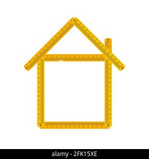 Home icon made from yellow folding rule. Building, house development. Mortgage calculator idea. Flat style vector illustration isolated on white backg Stock Vector