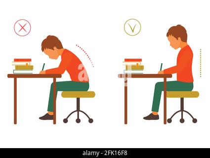 sitting correct and incorrect body posture, healthy back Stock Vector