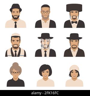 smile jewish people, vector rabbi jew face, orthodox, judaism illustration Stock Vector