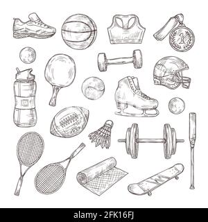 Hand drawn sports equipment. Medal, basketball and rugby ball, shuttlecock and football helmet. Tennis racket, baseball bat vector set Stock Vector