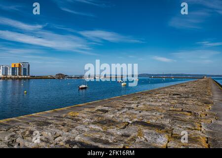 Sailing boats moored in Granton harbour on sunny day, Firth of Forth, Edinburgh, Scotland, UK Stock Photo
