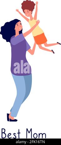 Mother hugging daughter. Beautiful mom play with child. Woman and girl, motherhood and caring. Family relationship vector illustration Stock Vector