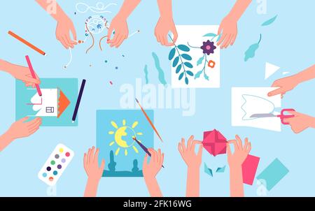 Kids creative lab. Children craft art workshop. Top view desk watercolor paint and paper cut. Classroom preschool activity vector concept Stock Vector