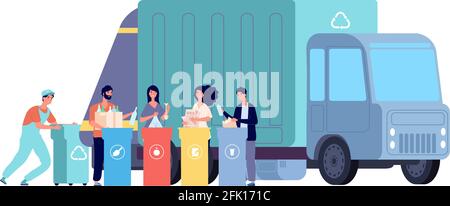 Garbage truck. Refuse recycling, rubbish worker and disposal containers. People sorting and throw waste. Vector recycle dumpster concept Stock Vector