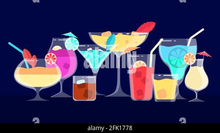 Cocktails. Alcoholic and non-alcoholic drinks. Bar or cafe or restaurant menu banner. Evening and night beverages vector illustration Stock Vector