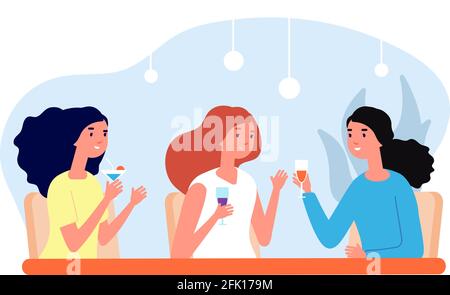 Female friends drinking. Girls meeting, women drink coffee and talk. Friendly lunch in cafe bar, group people relaxed vector illustration Stock Vector