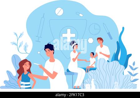 Children vaccination. Pediatrician, baby medical healthcare. Vaccine polio and flu for kids. Medication and health protection vector concept Stock Vector