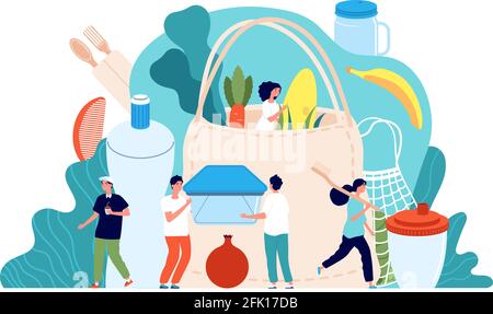 Zero waste. Trendy biodegradable bag, no plastic. Shoppers on market, green lifestyle, save earth and environment. Eco life vector concept Stock Vector