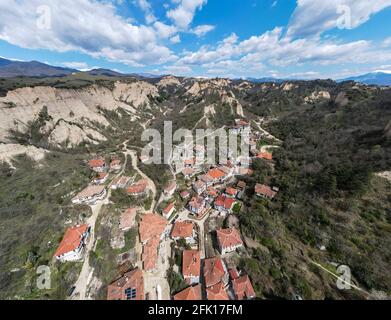 Aerial panorama of historical town of Melnik, Blagoevgrad region, Bulgaria Stock Photo