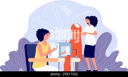 Fashion designer. Clothes design, women sew apparel. Tailor and seamstress, female model. Professional creative atelier vector concept Stock Vector