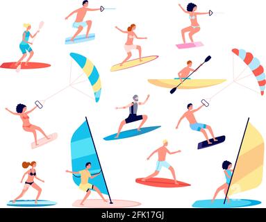 Water sports. Canoes, extreme sea lifestyle. Surfing and windsurfing, people recreational ocean outdoor activity. Summer leisure vector set Stock Vector