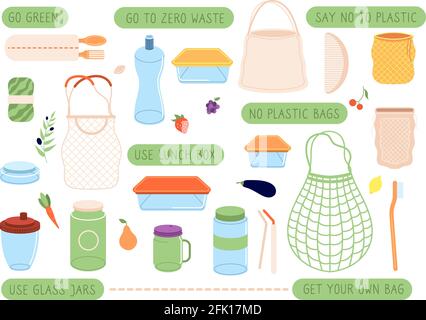 Zero waste. Eco lifestyle stickers, reusable bags and pack. Sustainability cutlery, hairbrush and durable goods. Eco friendly vector set Stock Vector