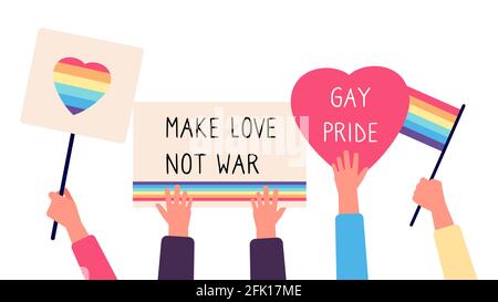 Gay parade placards. Hands holds rainbow flags, hearts and text inspirations. LGBT, gay pride vector illustration Stock Vector