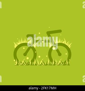 bicycle with grass and fireflies icon. Flat bike silhouette isolated on green. Vector illustration. Eco transport symbol. Healthy journey. Ecology log Stock Vector