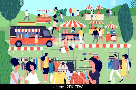 Summer fair. Festive food, street season flea market. Garage sale in park. Family festival event, marketplace and tents vector illustration Stock Vector