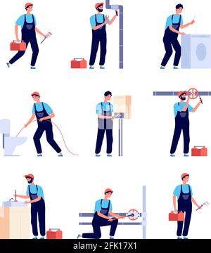 Plumbers. Fixing plumbing, house heating equipment repair and pipes. Water service installing and supply. Isolated handymans vector set Stock Vector