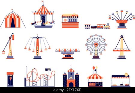 Amusement park. Fun recreation playground, amusements and carousels. Children attractions, rollercoaster and ferris wheel. Fair vector set Stock Vector