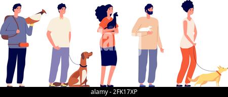 Pet owners. Man woman hugging pets. Isolated people with cat dog, bird and rat. Domestic animals, standing young friends vector characters Stock Vector