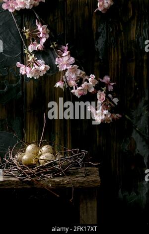 Easter dark rustic still life greeting card with quail eggs in nest and blooming cherry branch. Dark wooden background. Easter holiday time. Stock Photo