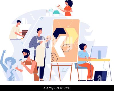 Sculptors and artists. Creative art people creating artwork and drawing. Modern adult workshop, man woman in painting studio vector concept Stock Vector