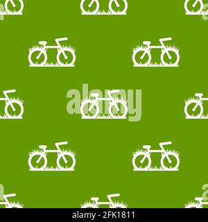 green seamless background with bicycles and grass. Flat bike ornament on white. Vector illustration. Eco transport wallpaper. Healthy journey. Ecology Stock Vector
