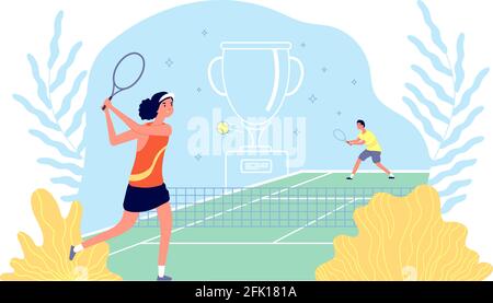 Tennis academy. Girl plays sport game. Sportsmen fitness workout, male female with racquet ball on court. Healthy lifestyle vector concept Stock Vector