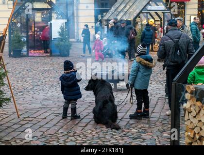 Children and their dog, winter's day, Tartu, Estonia Stock Photo