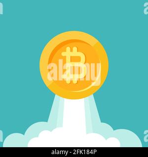 Gold bitcoin coin as rocket flies up. Currency strengthening and increasing of exchange rate. Online paying, income growth. Flat icon. Isolated on whi Stock Vector