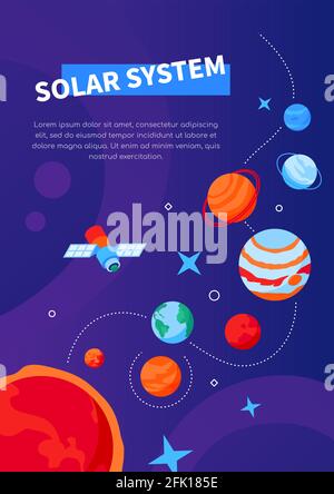 Solar system - modern colorful isometric web banner with copy space for text. Galaxy, space exploration idea. Planets illustration with the sun, galax Stock Vector