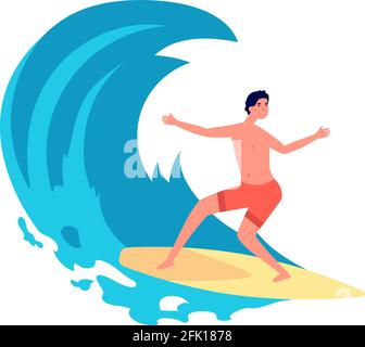 Surfer on wave. Flat young man on surfboard. Person in water, happy surfing traveler. Summer beach adventures, vacation vector illustration Stock Vector