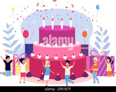 Kids birthday party. Children celebration, friends with balloons and confetti. Cake, gifts and candles, group girls and boys vector concept Stock Vector