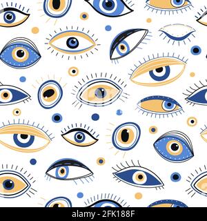 Eye pattern. Abstract evil eyes fabric print. Mystic eyelid with eyelash, energy talisman background. Mystical look vector seamless texture Stock Vector