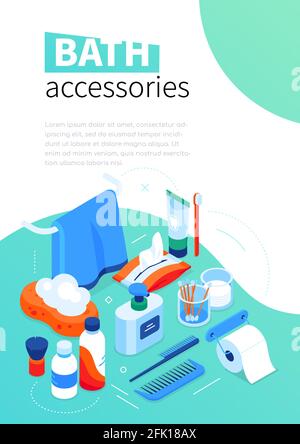 Bath accessories - modern colorful isometric web banner with copy space for text. Personal hygiene concept. Toothpaste, toothbrush, toilet paper, towe Stock Vector