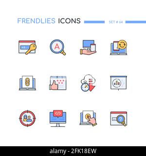 SEO - modern line design style icons set. Web development and marketing idea. Keywords, link, multiple devices, sync, coding, target, group, search bo Stock Vector