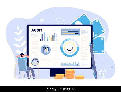 Financial audit concept. Business strategies, risk inspect. Economy research and analysis, assessment stock. Balance control or finance education Stock Vector