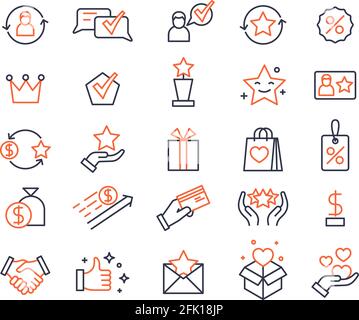 Loyalty program. Shopping bonus system icons. Gifts and rewards for customers, lottery prizes. Exchanging card, marketing vector symbols set Stock Vector