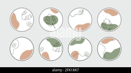 Vector highlight story cover icons for social media. Abstract minimal organic circle backgrounds with tropical leaves for instagram bloggers Stock Vector